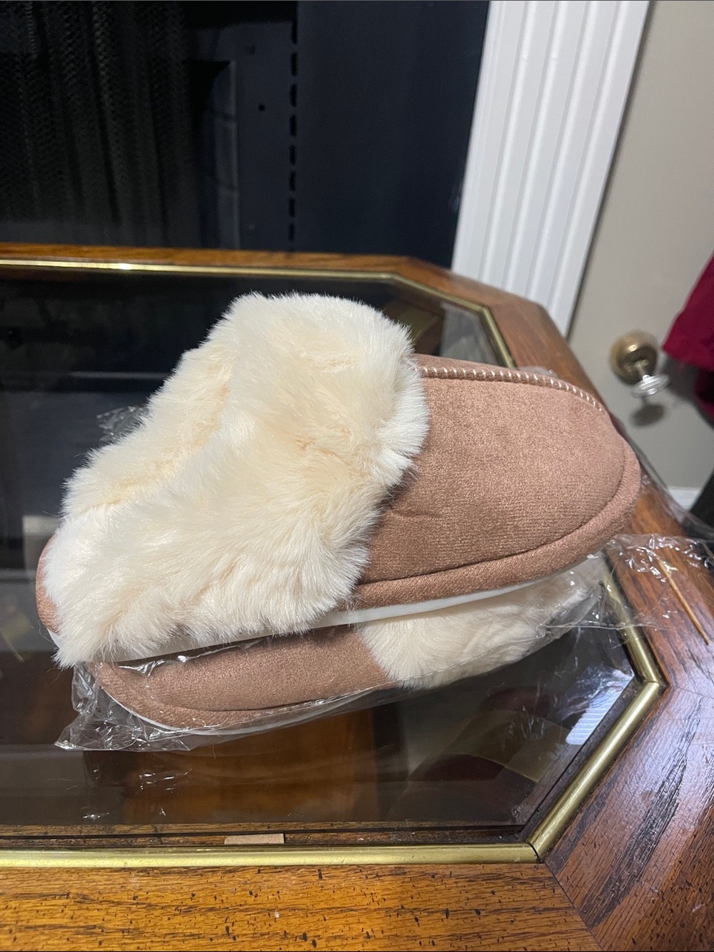 Cozy Faux Suede Slipper with Cream Faux Fur Trim - Women